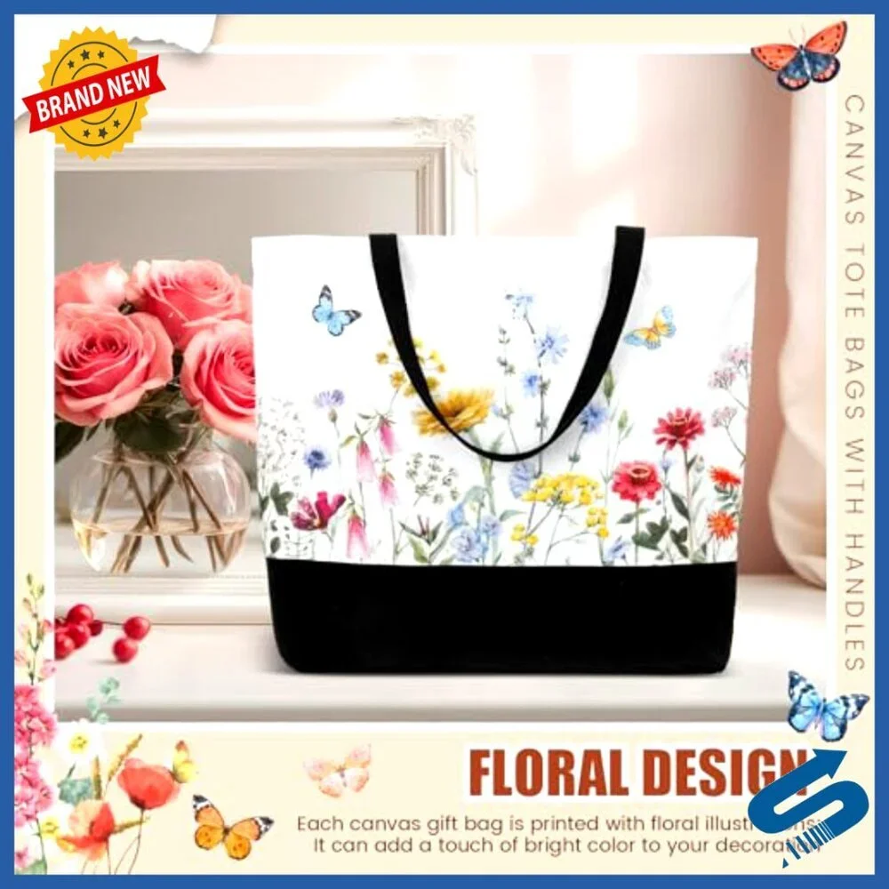Large Canvas Tote Bag Floral Design Reusable Grocery Shopping Bag